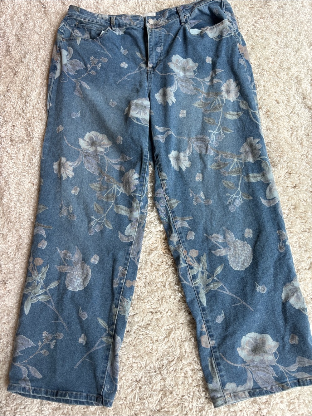 Floral Print Wide-Leg Women’s Jeans - Blue